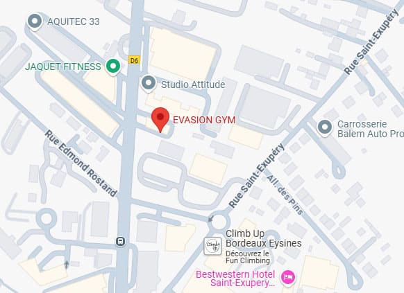 Carte montrant Evasion Gym (marqueur rouge) et Jaquet Fitness (vert). Inclut Studio Attitude, rues Saint-Exupery, Rostand.