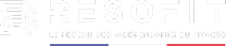 Logo blanc RESOFIT avec le texte "LE RÉSEAU DES INDÉPENDANTS DU FITNESS" sur fond noir, avec bande bleu blanc rouge.