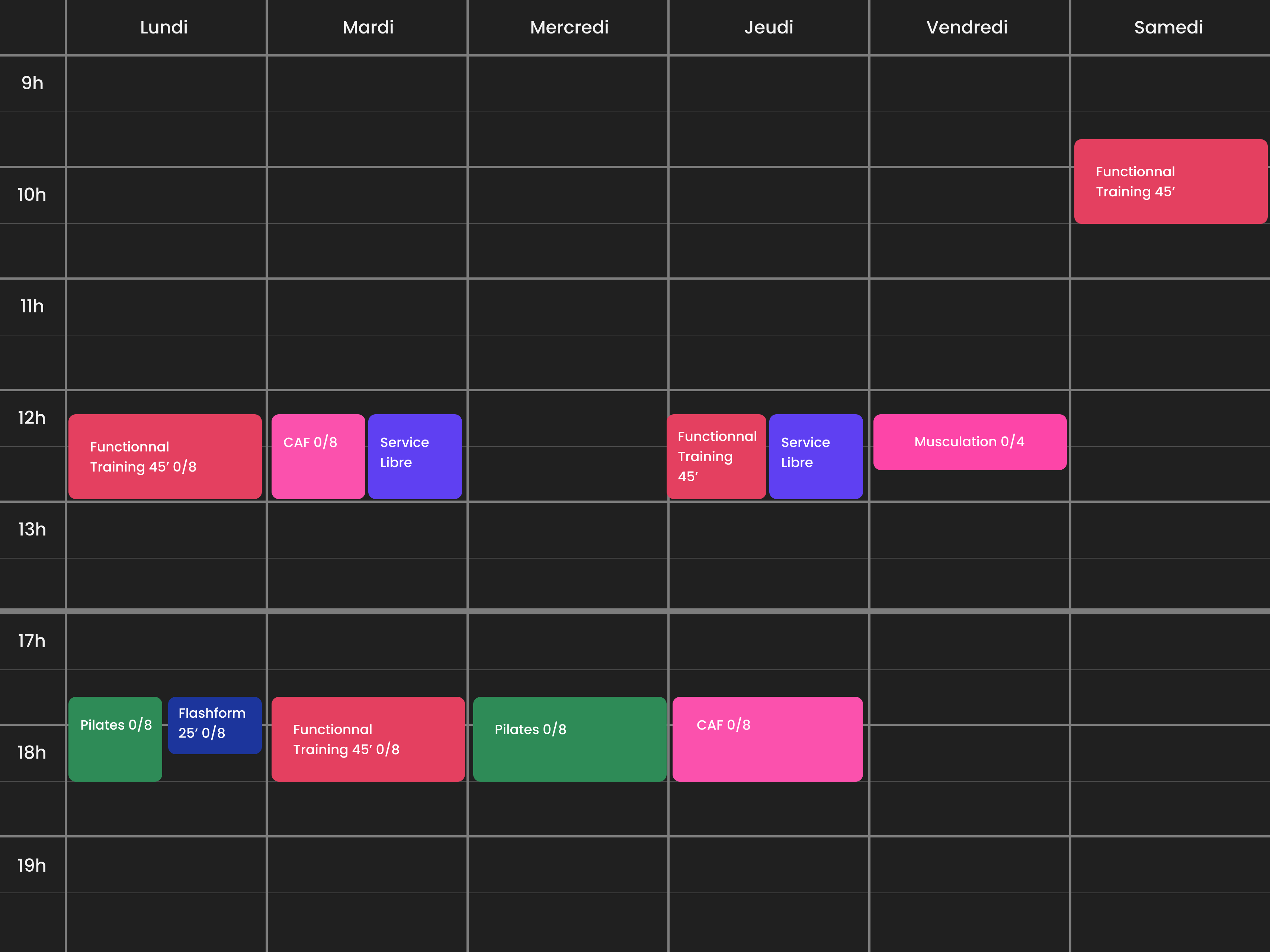 Planning de cours de sport (Functionnal Training, Pilates, CAF, Musculation) du lundi au samedi, 9h-19h, places disponibles.